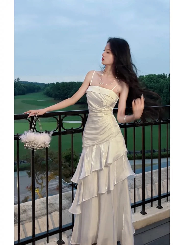 Gorgeous Sheath Spaghetti Straps White Layers Long Prom Dresses Evening Dress