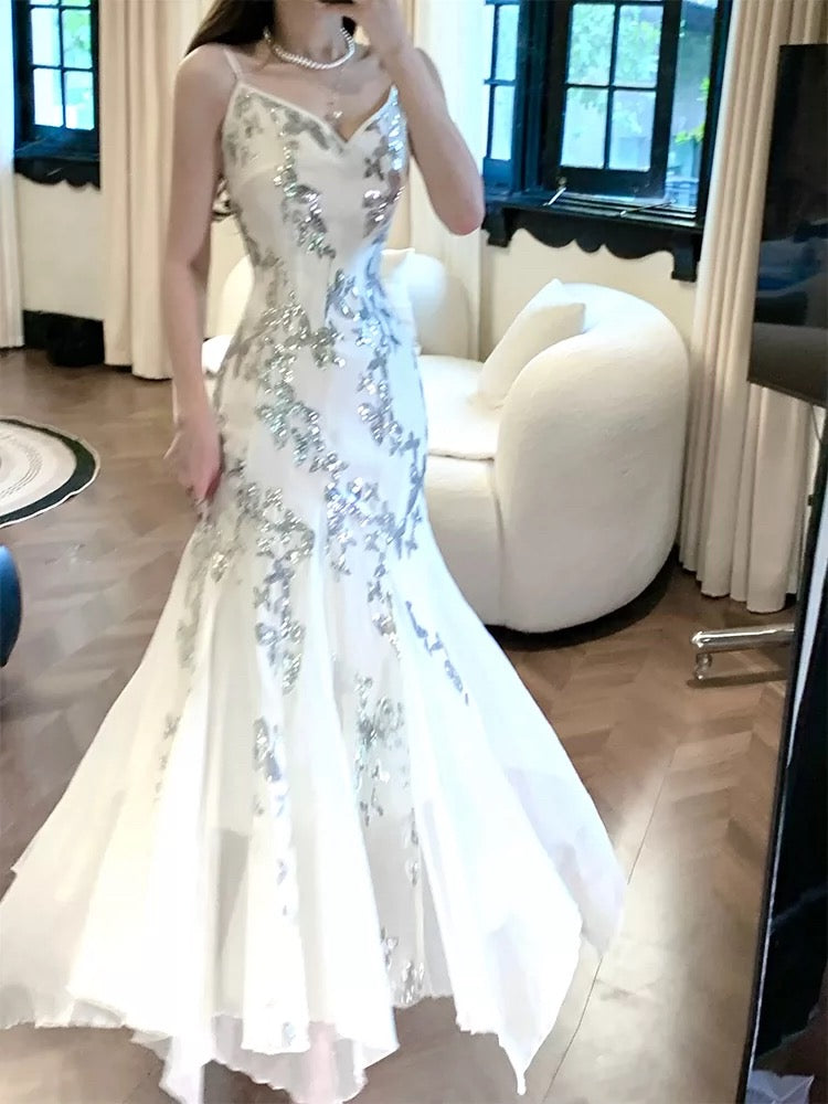 Gorgeous Mermaid Spaghetti Straps White Long Sequin Prom & Evening Dress - FashionDia