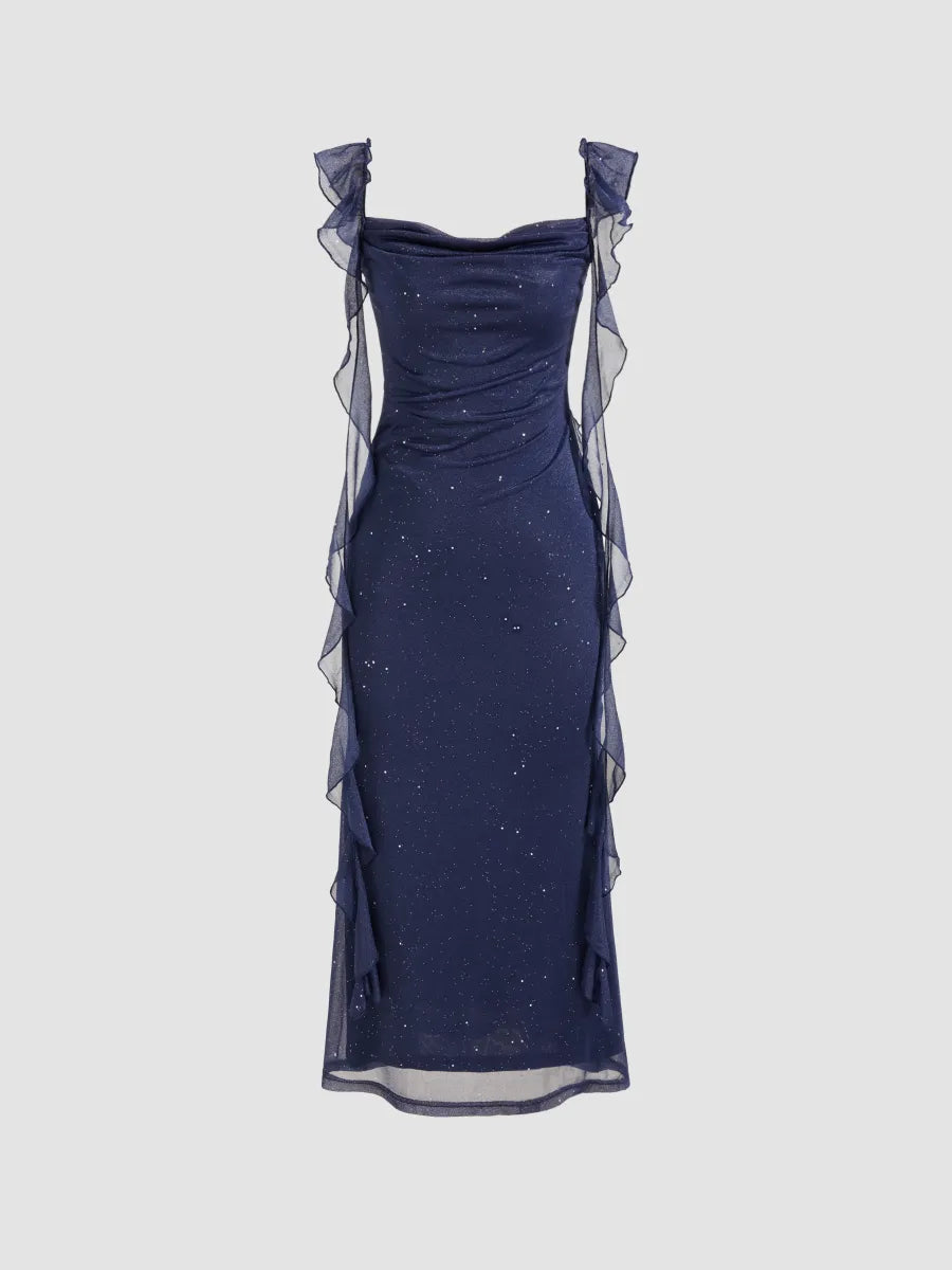 Elegant Sheath Square Neckline Navy Blue Chiffon Ruffles Prom Dresses Formal Dress