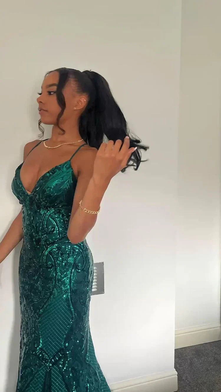 Pretty Mermaid Halter Green Sequin Long Prom & Evening Dress - View 3 | FashionDia