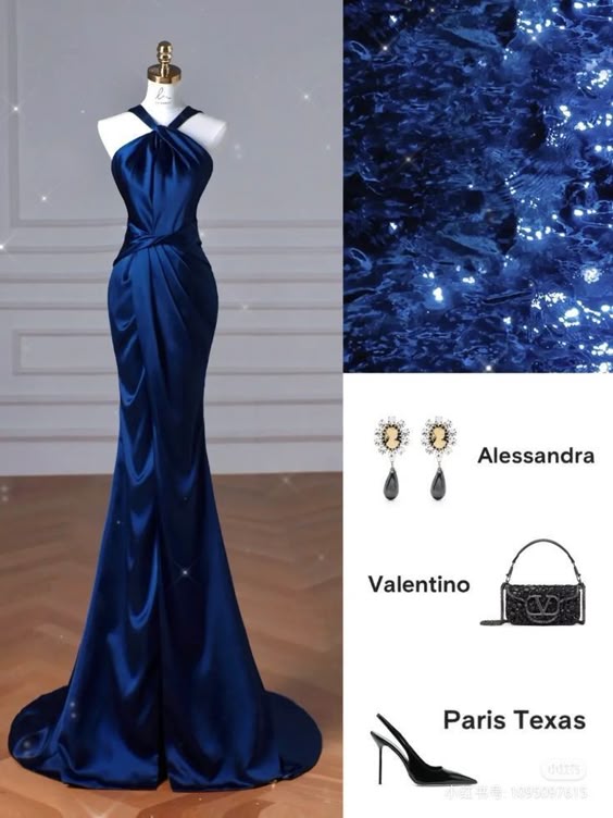 Modest Mermaid Halter Navy Blue Fold Satin Prom Dresses Long Evening Dress - FashionDia