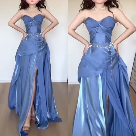 Modest A-Line Sweetheart Blue Fold Slit Prom Dresses Long Evening Dress - FashionDia
