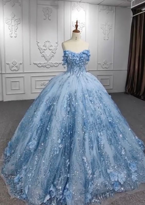 Pretty Ball Gown Sweetheart Tulle Long Blue Floor-Length Prom Dresses Blue Sweet 16 Dresses - FashionDia