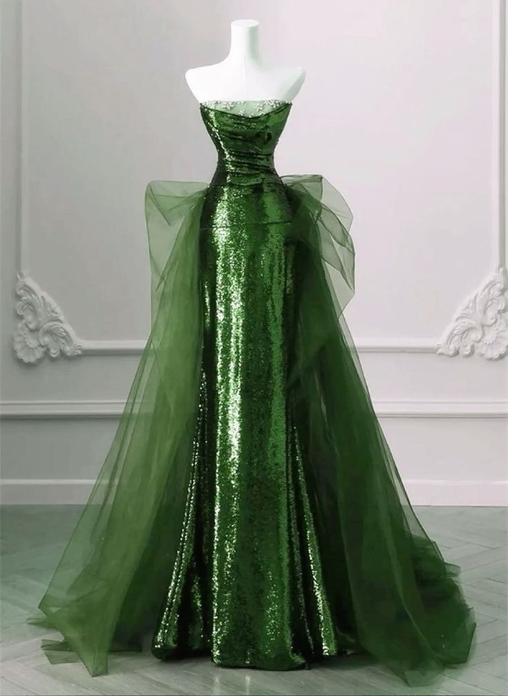 Elegant Sheath Strapless Sequin Green With Silver Beads Prom Dresses Long Evening Dress - FashionDia