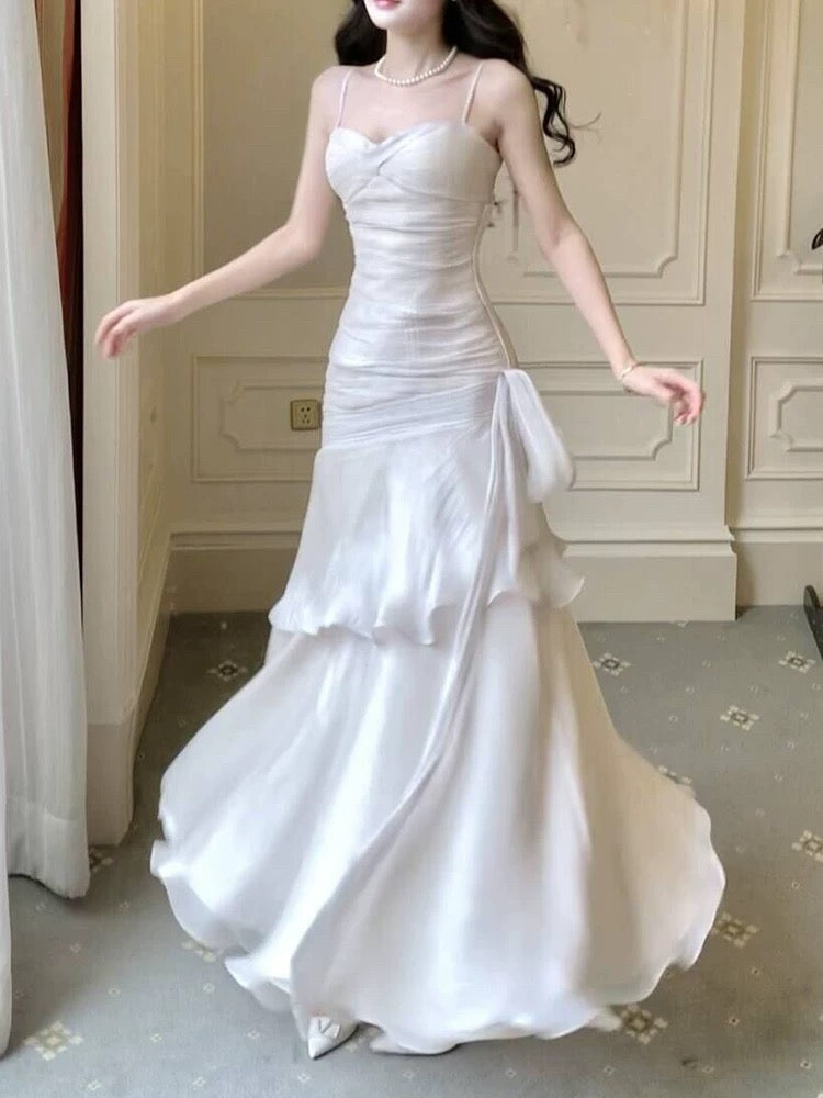 Elegant Sheath Straps Sleeveless White Prom Dresses Long Evening Dress