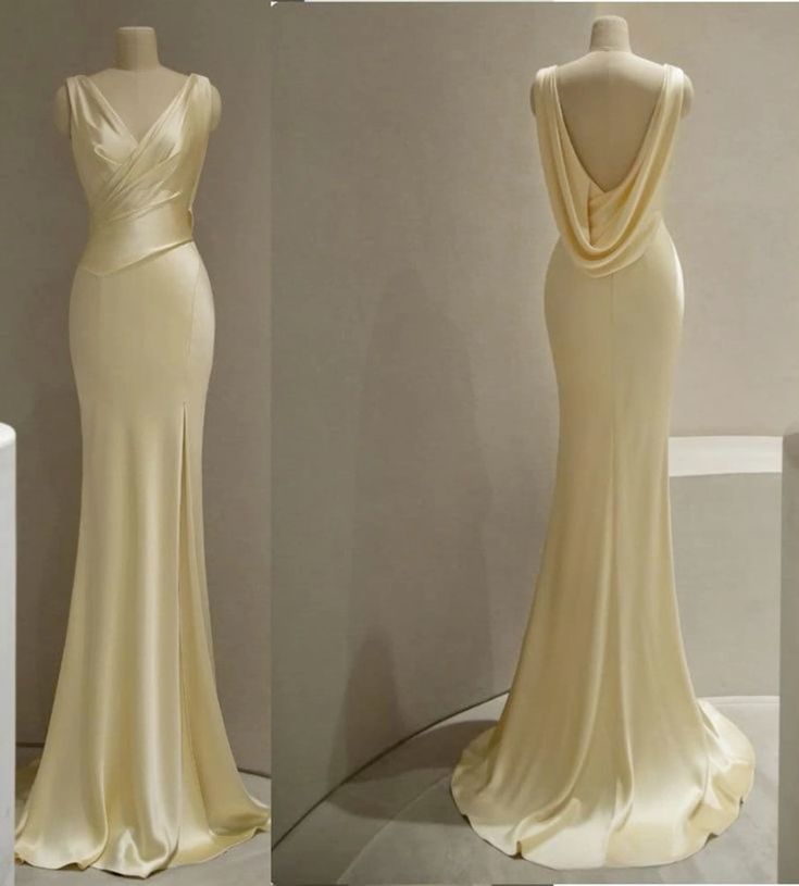 Pretty Mermaid V Neckline Yellow Satin Prom Dresses With Ruffle Long Evening Dress - FashionDia