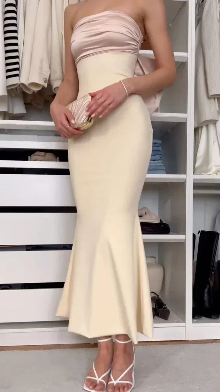 Elegant Mermaid Strapless Long Satin Prom Dresses Evening Dress