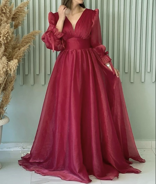 Modest A-Line V Neckline Long Sleeves Hot Pink Tulle Long Prom & Evening Dress - View 3 | FashionDia