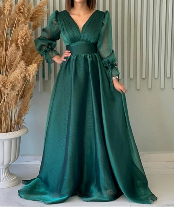 Modest A-Line V Neckline Long Sleeves Hot Pink Tulle Long Prom & Evening Dress - View 4 | FashionDia