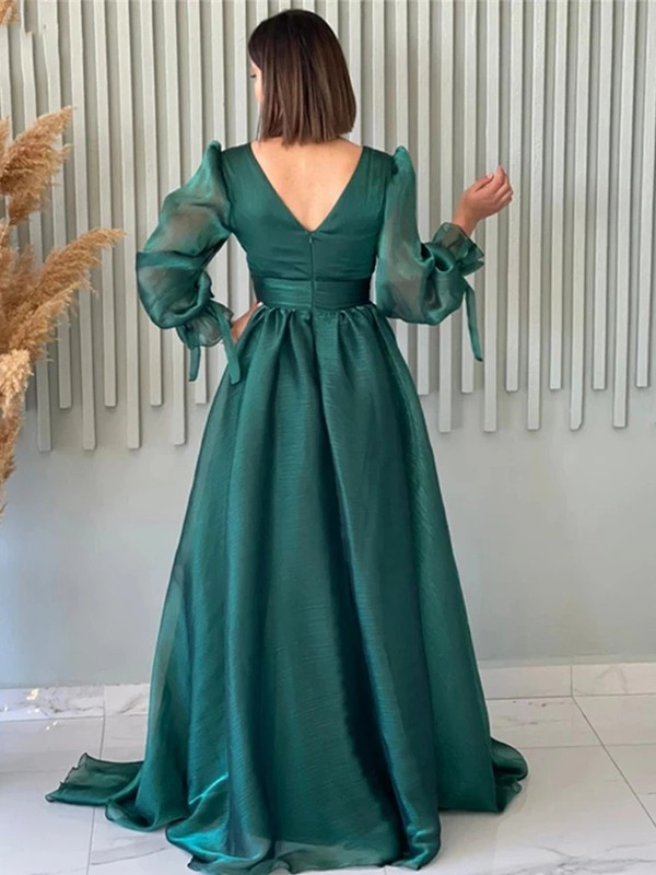 Modest A-Line V Neckline Long Sleeves Hot Pink Tulle Long Prom & Evening Dress - View 5 | FashionDia