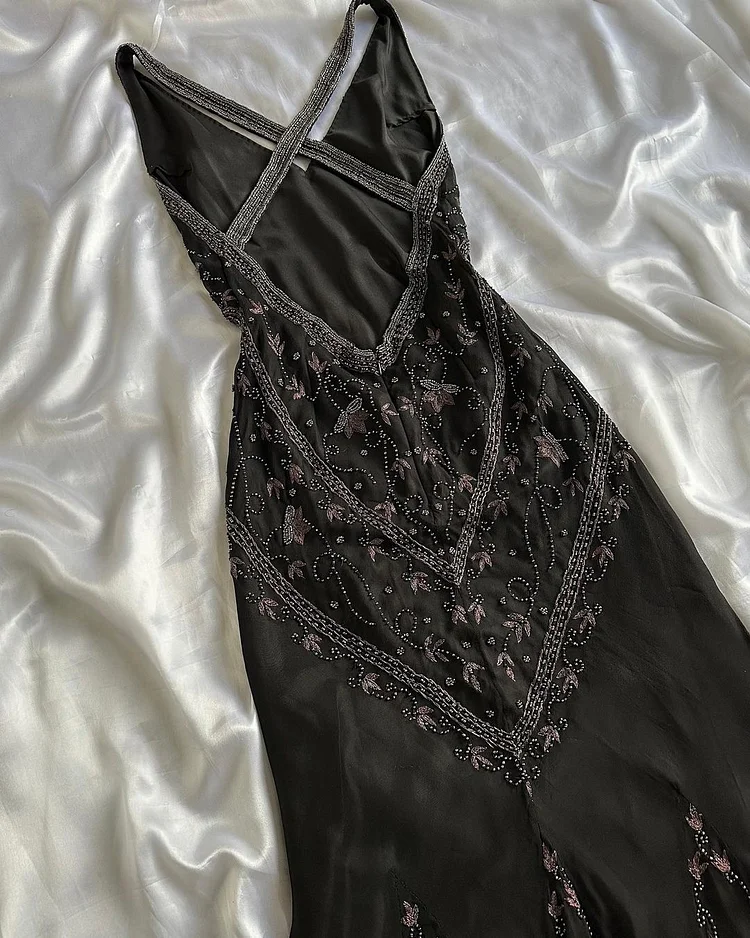 Vintage Sheath V Neckline Long Black Prom Dresses Evening Dress With Beads