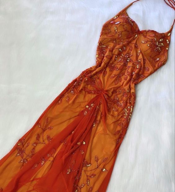 Vintage A-Line Halter Long Prom Dresses Orange Evening Dress With Beads - FashionDia
