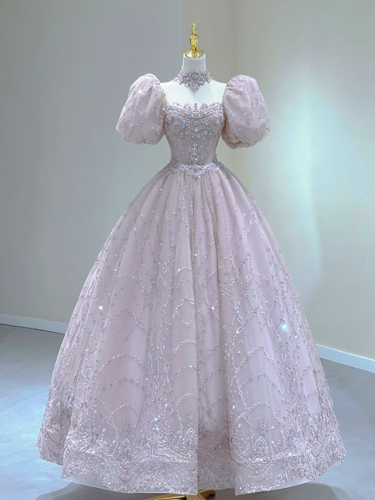 Elegant Ball Gown Square Neckline Short Puffy Sleeves Pink Beads Long Prom & Evening Dress - FashionDia