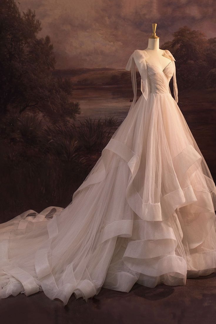 Elegant V-Neck Tulle Long Ball Gown Wedding Dress