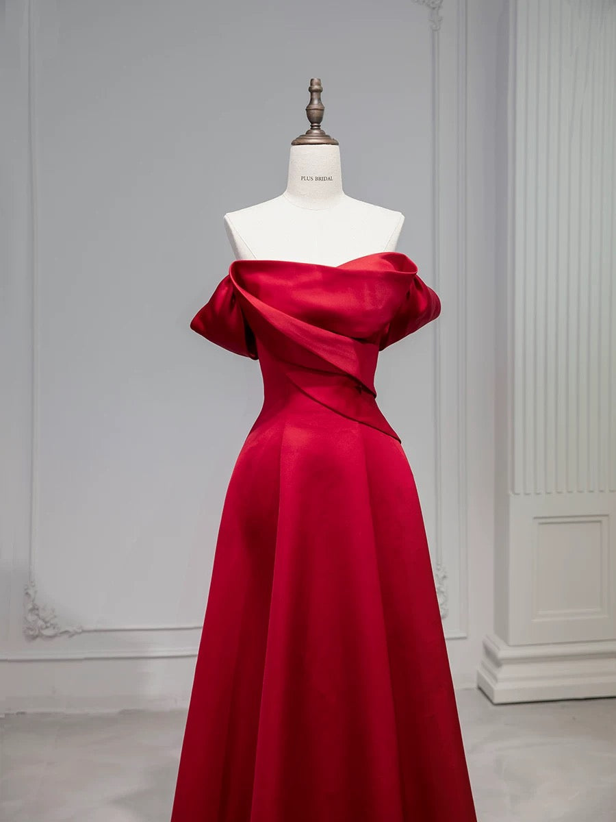 Elegant A-Line Off-the-Shoulder Red Satin Party Dress Prom & Evening Dress - View 2 | FashionDia