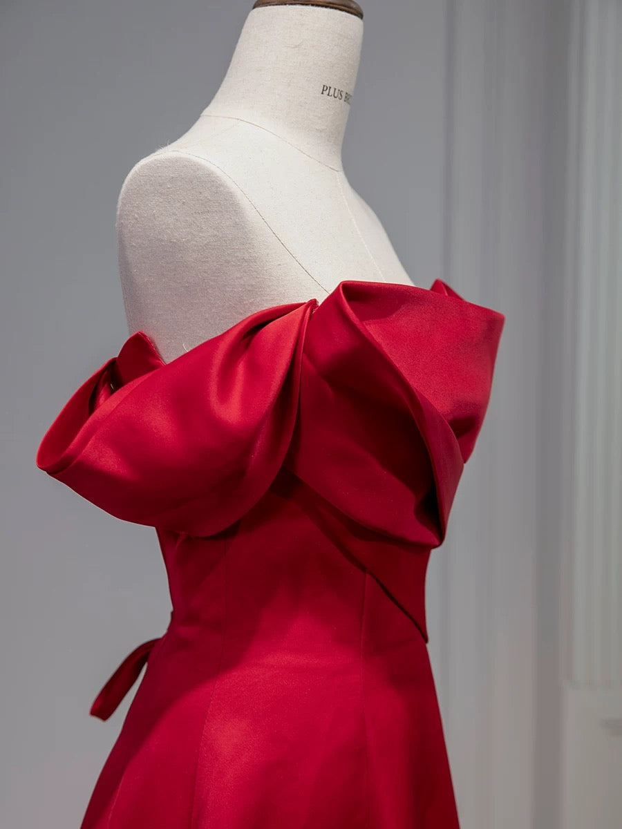 Elegant A-Line Off-the-Shoulder Red Satin Party Dress Prom & Evening Dress - View 4 | FashionDia