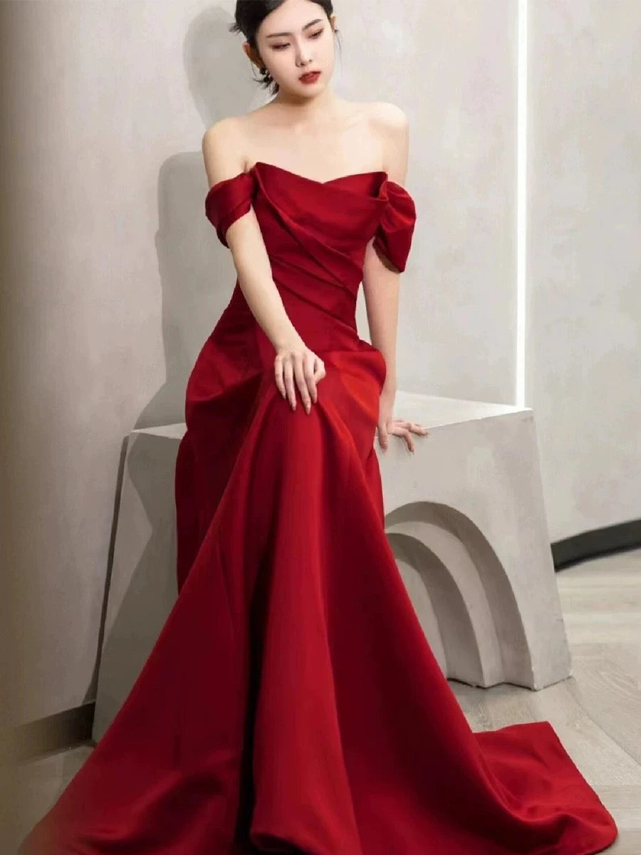 Elegant A-Line Off-the-Shoulder Red Satin Party Dress Prom & Evening Dress - FashionDia