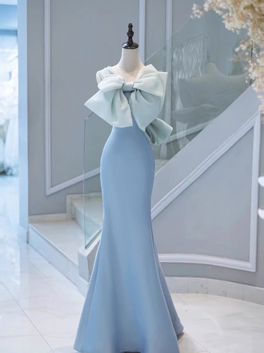 Elegant Mermaid One-Shoulder Light Sky Blue Satin Bow Long Prom & Evening Dress - FashionDia