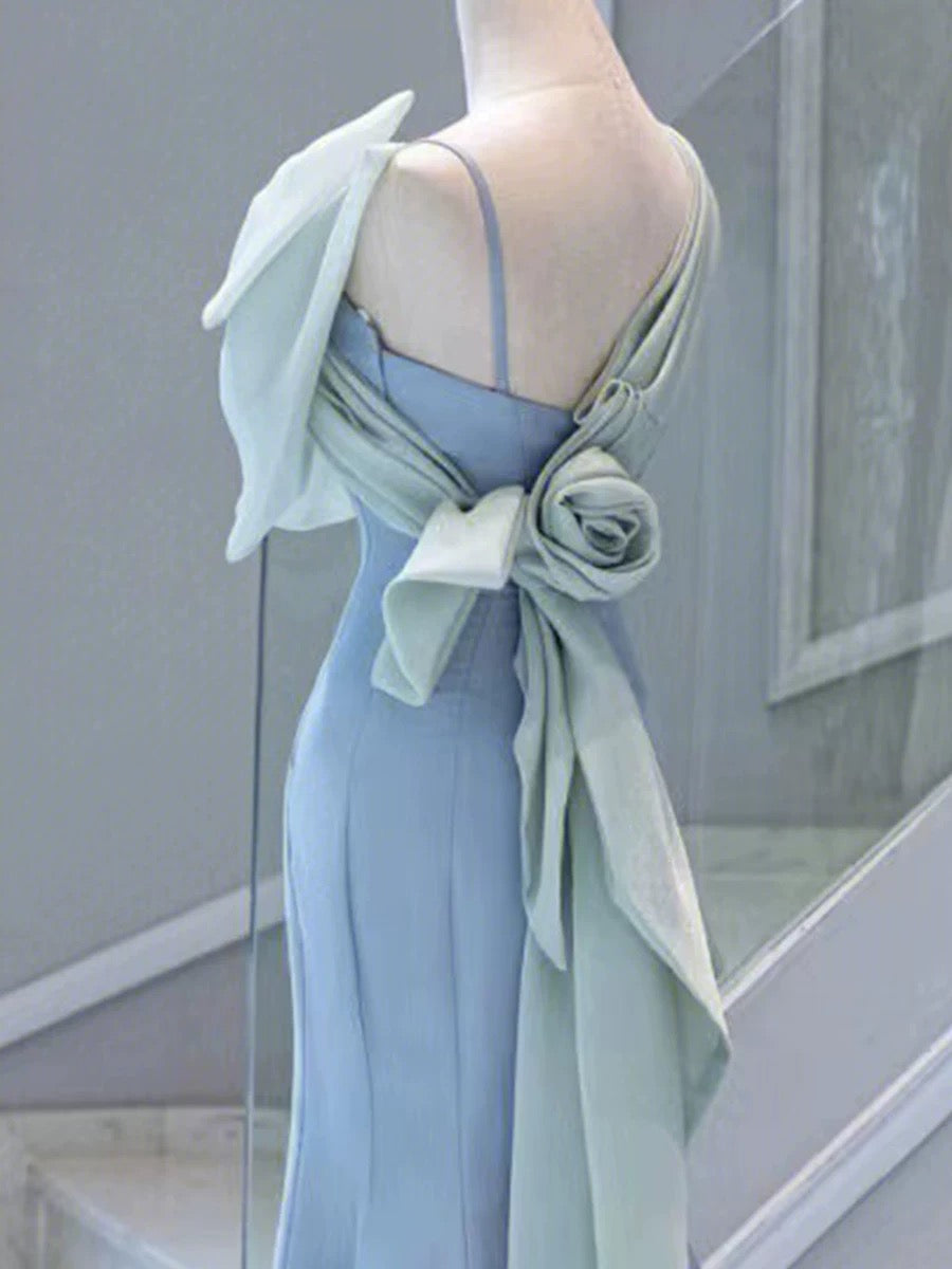 Elegant Mermaid One Shoulder Light Sky Blue Satin Bow Long Prom Dress Evening Dress