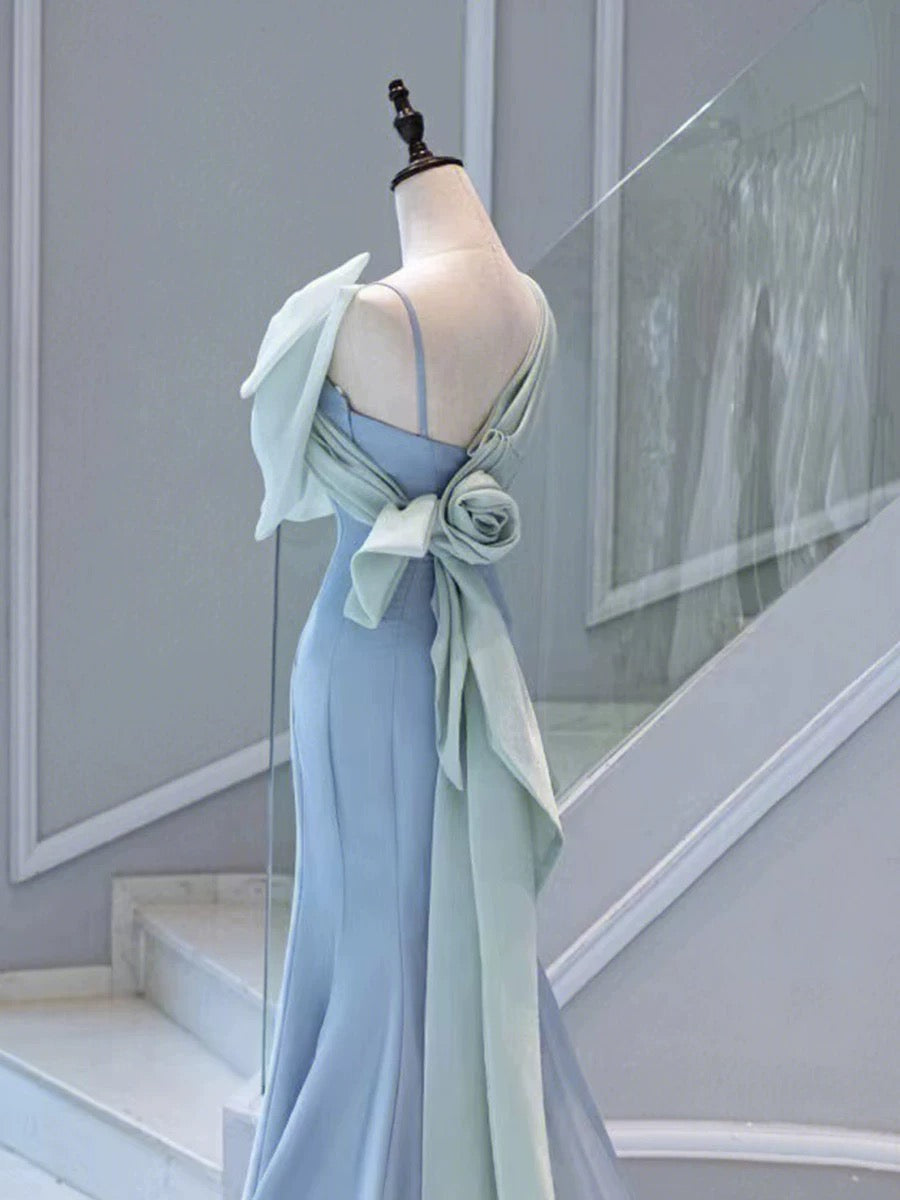 Elegant Mermaid One Shoulder Light Sky Blue Satin Bow Long Prom Dress Evening Dress