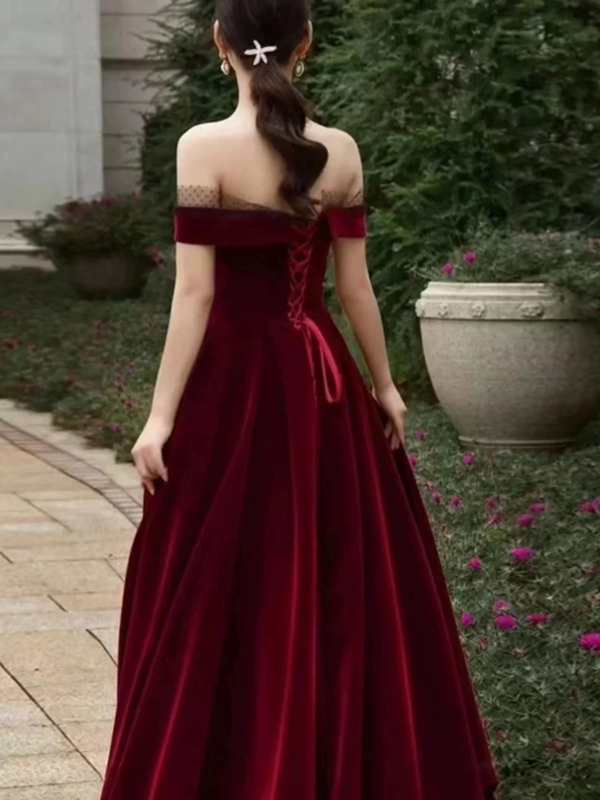 Elegant A-Line Off-the-Shoulder Burgundy Velvet Long Prom Dress Evening Dresses - View 4 | FashionDia