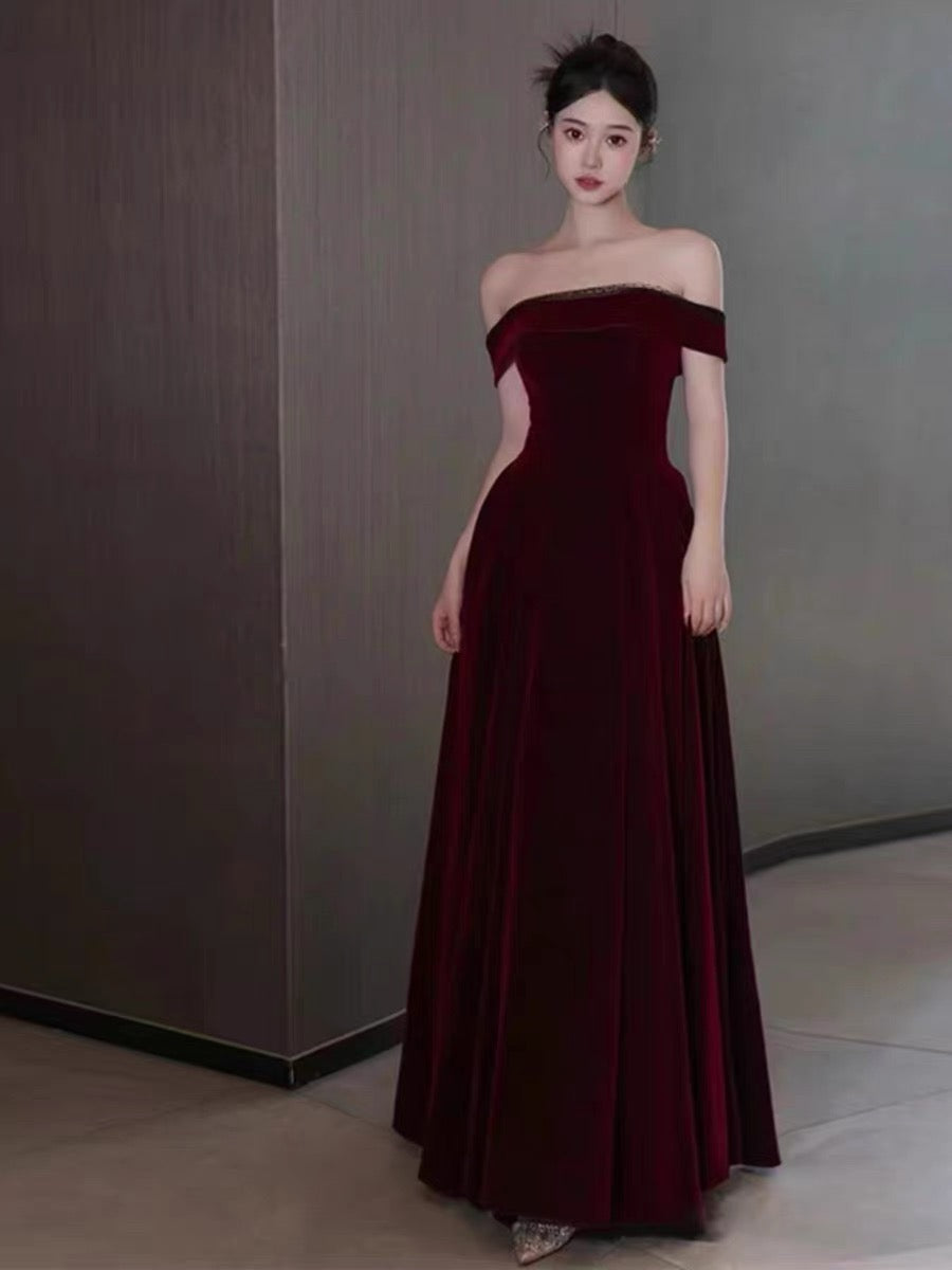 Elegant A-Line Off-the-Shoulder Burgundy Velvet Long Prom Dress Evening Dresses - View 2 | FashionDia