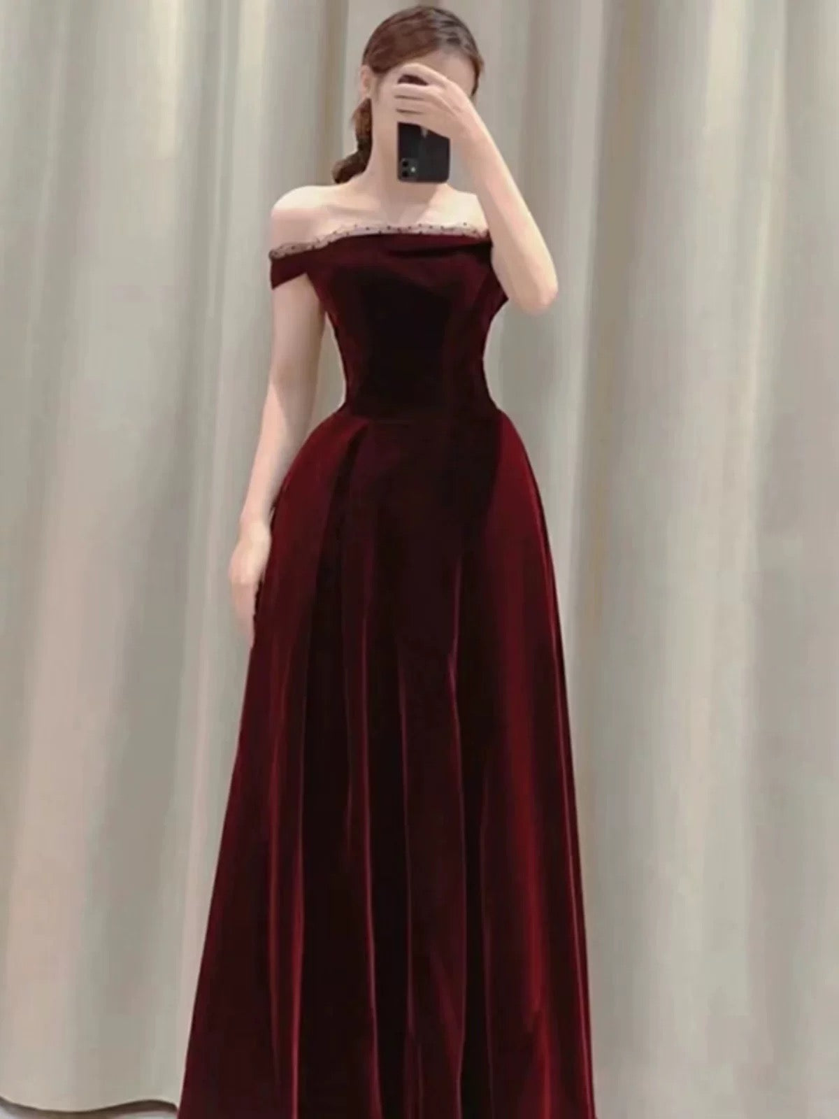 Elegant A-Line Off-the-Shoulder Burgundy Velvet Long Prom Dress Evening Dresses - FashionDia