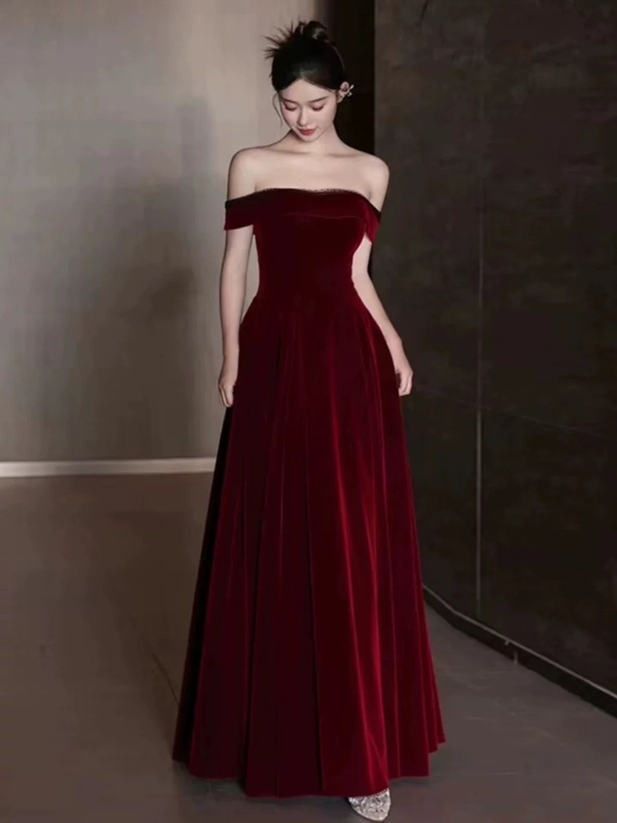 Elegant A-Line Off-the-Shoulder Burgundy Velvet Long Prom Dress Evening Dresses - View 3 | FashionDia