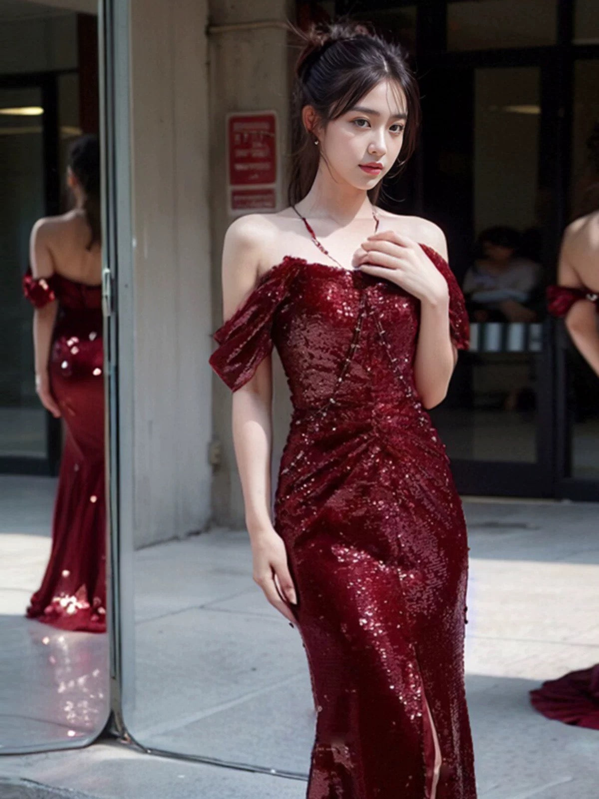 Elegant Mermaid Off-the-Shoulder Burgundy Sequin Long Prom Dress Evening Dresses - View 5 | FashionDia