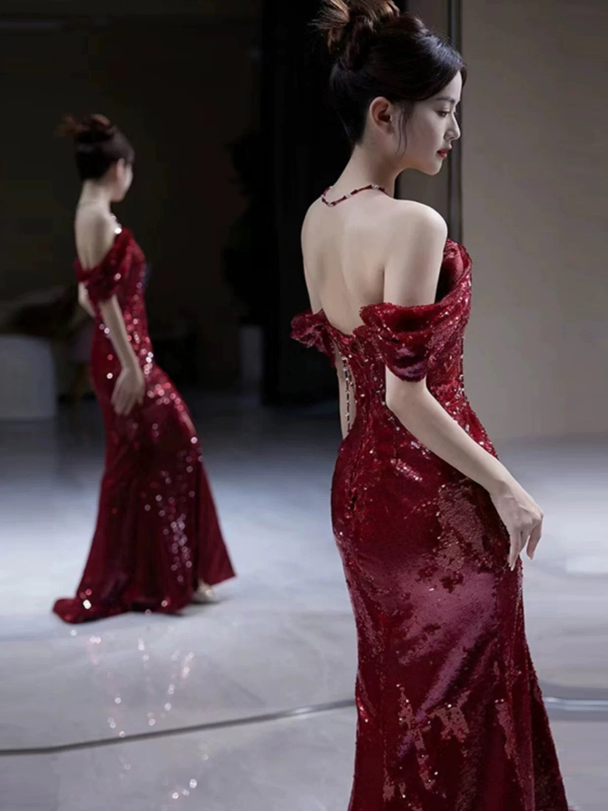 Elegant Mermaid Off-the-Shoulder Burgundy Sequin Long Prom Dress Evening Dresses - View 3 | FashionDia