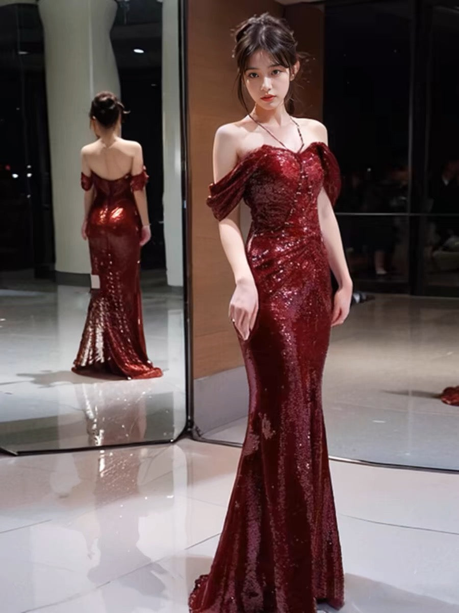 Elegant Mermaid Off-the-Shoulder Burgundy Sequin Long Prom Dress Evening Dresses - FashionDia