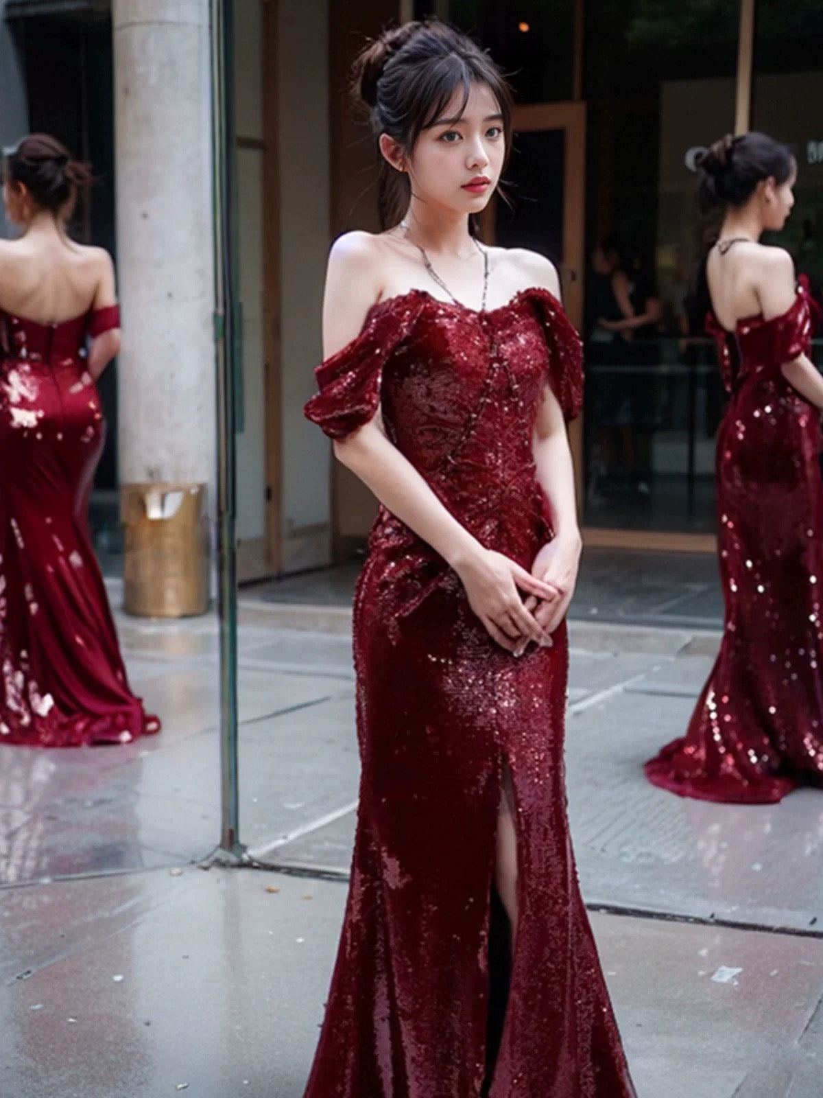 Elegant Mermaid Off-the-Shoulder Burgundy Sequin Long Prom Dress Evening Dresses - View 2 | FashionDia