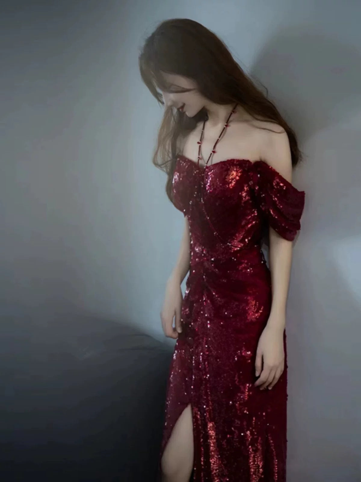 Elegant Mermaid Off-the-Shoulder Burgundy Sequin Long Prom Dress Evening Dresses - View 4 | FashionDia
