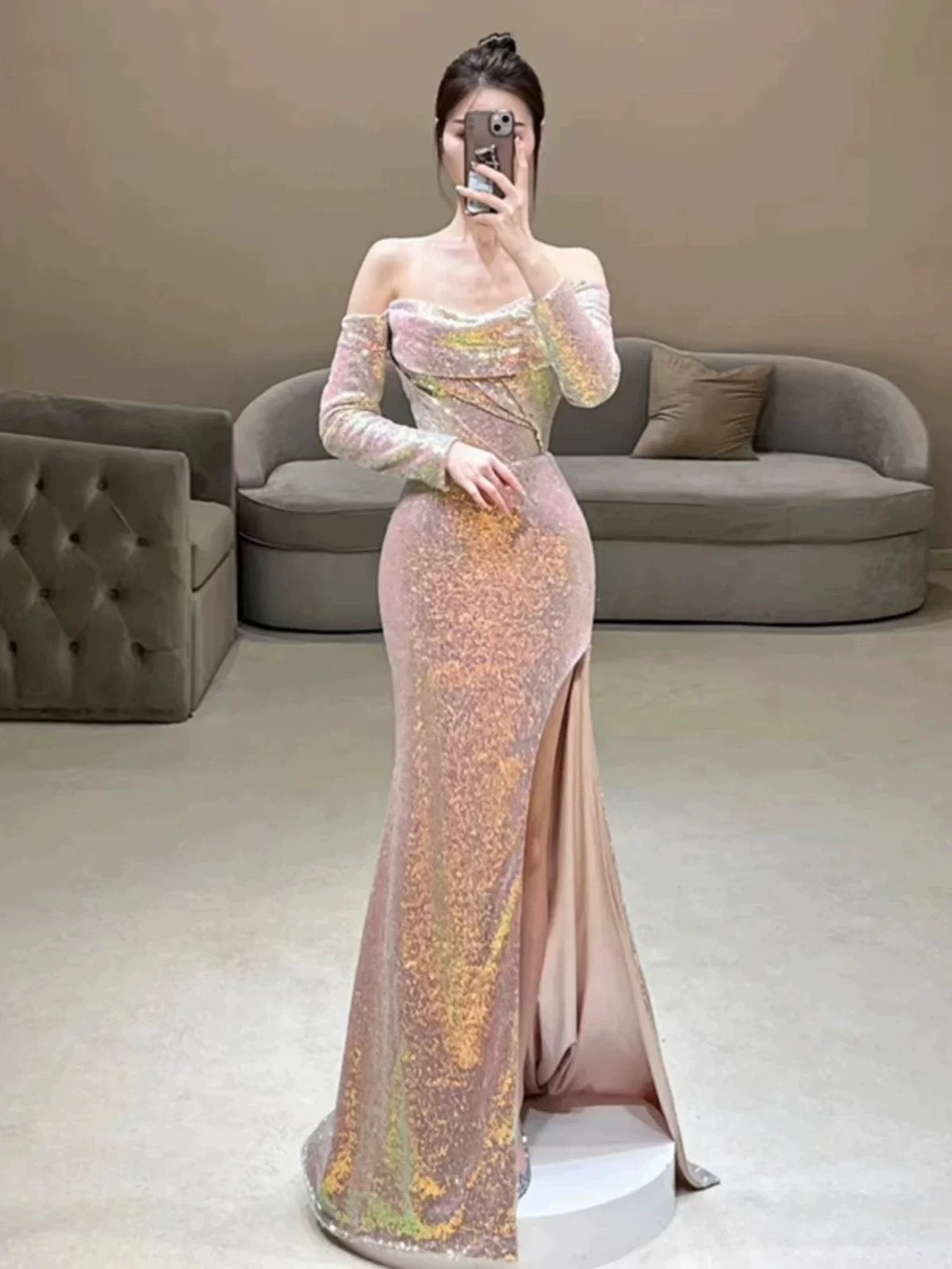 Elegant Mermaid Strapless Pink Slit Sequin Long Prom Dress Evening Dresses - FashionDia