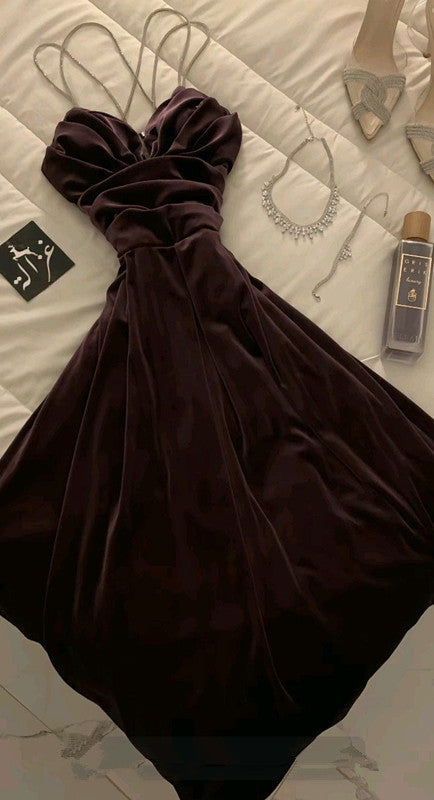 Classy A-Line Spaghetti Straps Brown Long Pleated Party Dress Prom & Evening Dress - FashionDia