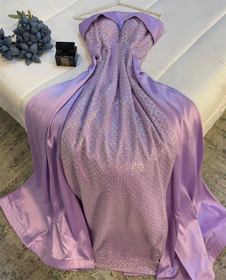 Classy Sheath Strapless Long Lilac Satin Party Dress Prom & Evening Dress - FashionDia