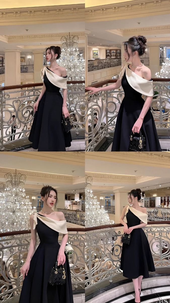 Elegant A Line One Shoulder Black Satin Bow Prom Dress Evening Dresses