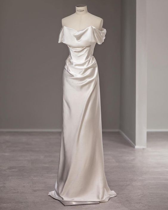 Elegant Mermaid Off The Shoulder Satin Long White Wedding Dresses