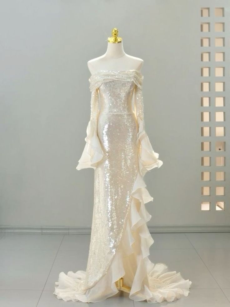 Pretty Mermaid Off-the-Shoulder Long Sleeves Sequin Evening & Prom Dress With Ruffles - FashionDia