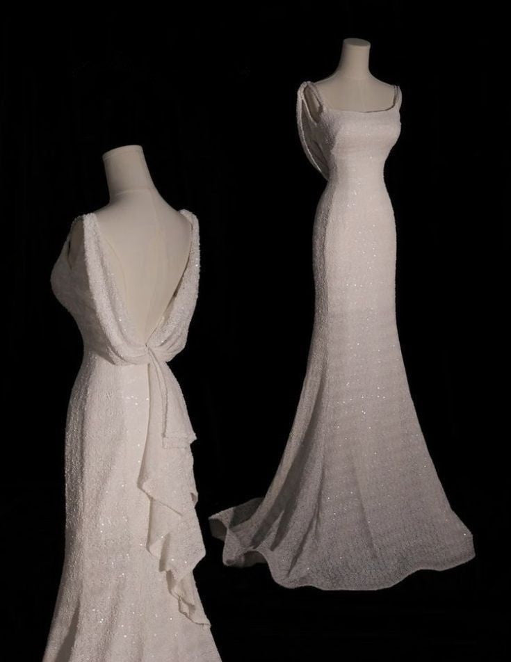 Chic Mermaid Straps White Sequin Sleeveless Long Wedding Dresses With Ruched Back