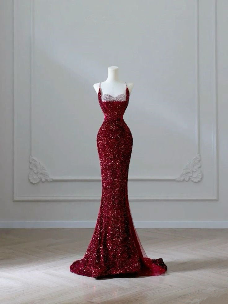 Elegant Mermaid Spaghetti Straps Burgundy Sequin Long Prom Dresses Party Dress With Beads - FashionDia