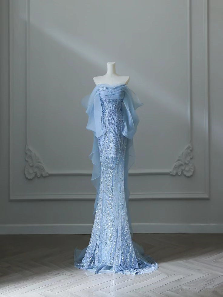 Elegant Mermaid Off-the-Shoulder Sequin Blue Evening Dress Long Slit Prom Dresses - FashionDia