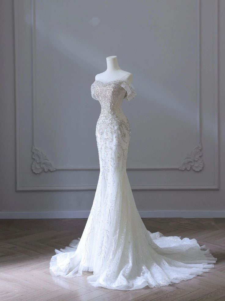 Elegant Mermaid Off The Shoulder White Long Tulle Wedding Dresses With Beads