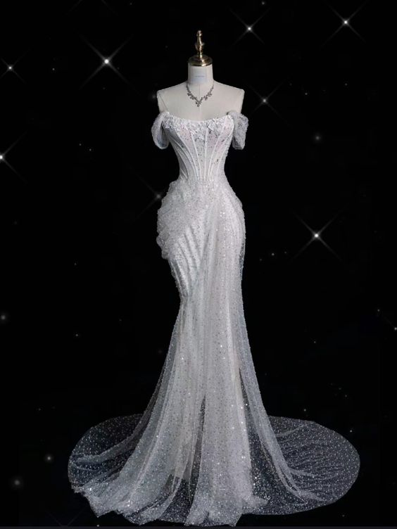Elegant Mermaid Off The Shoulder Sequin Long White Wedding Dresses