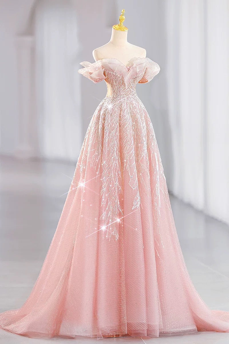 Elegant A-Line Off-the-Shoulder Sequin Pink Evening Dress Long Prom Dresses - FashionDia