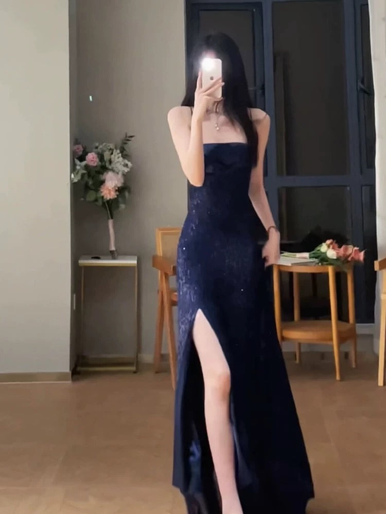 Gorgeous Sheath Spaghetti Straps Navy Blue Sequin Evening & Prom Dress Birthday Outfits - View 4 | FashionDia