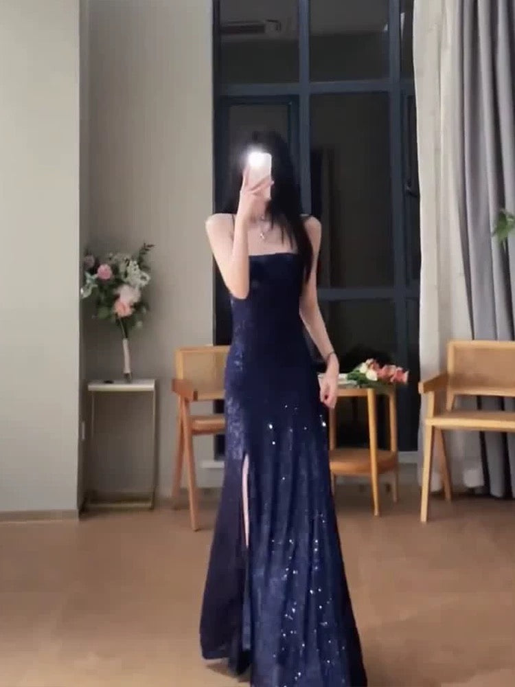 Gorgeous Sheath Spaghetti Straps Navy Blue Sequin Evening & Prom Dress Birthday Outfits - View 3 | FashionDia