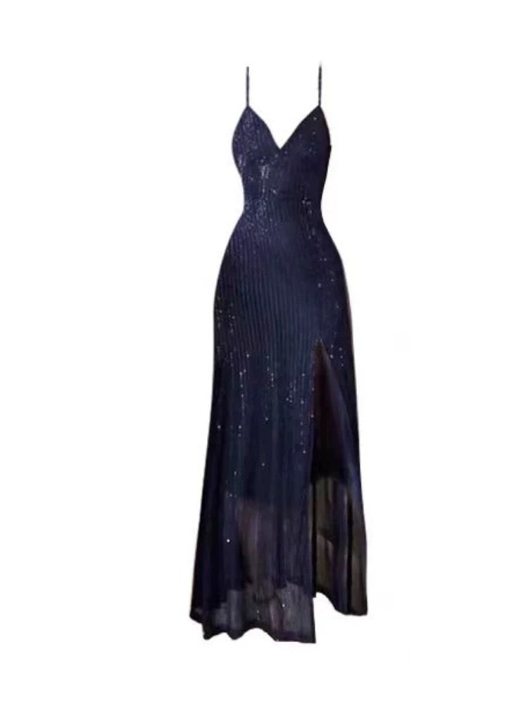 Gorgeous Sheath Spaghetti Straps Navy Blue Sequin Evening & Prom Dress Birthday Outfits - View 5 | FashionDia