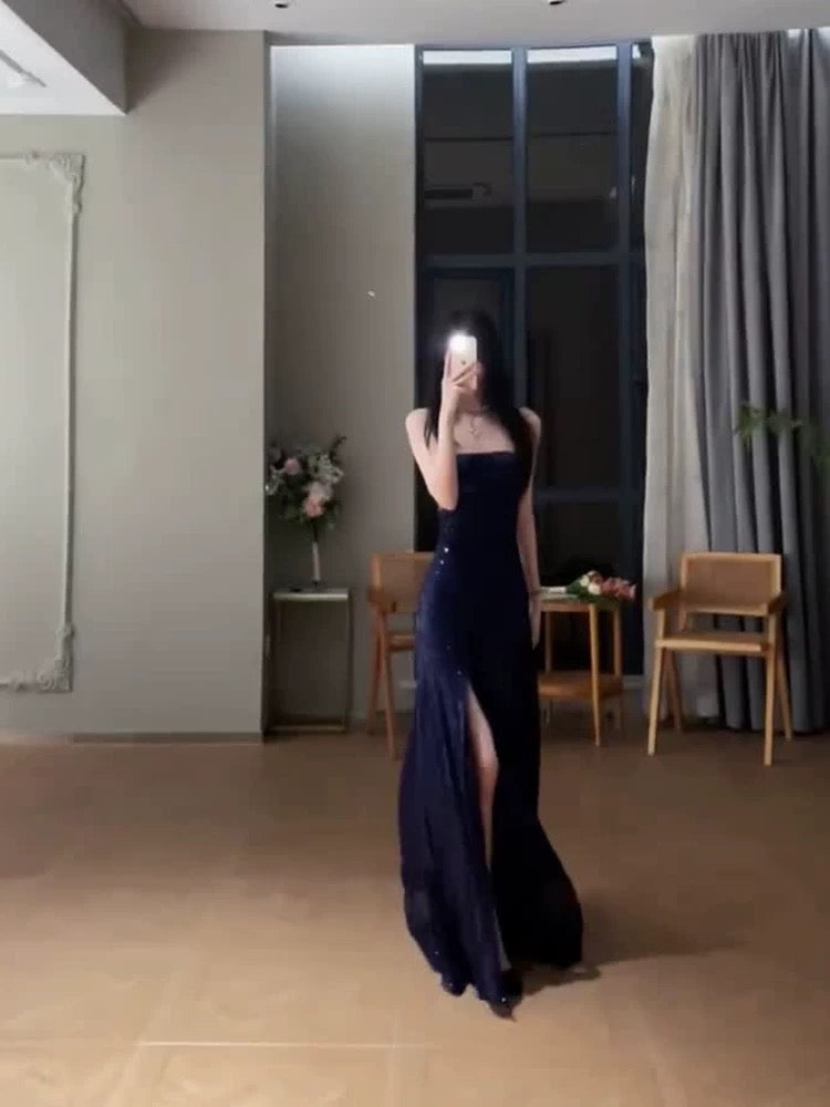 Gorgeous Sheath Spaghetti Straps Navy Blue Sequin Evening & Prom Dress Birthday Outfits - FashionDia