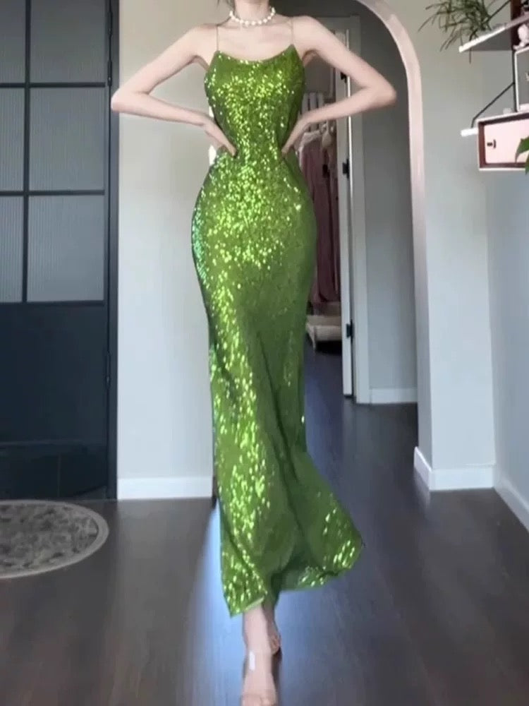 Vintage Sheath Spaghetti Straps Green Sequin Long Evening Dress Prom Dresses